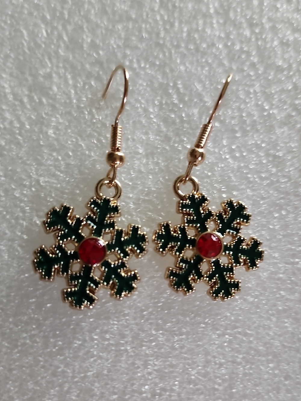 Hand Crafted Gold Snowflake Drop Earrings with Green Enamel and Red Gem